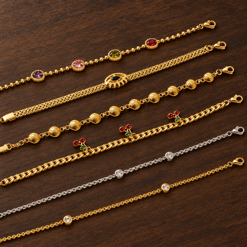 Six decorative bracelet style options displayed on dark wood, sold individually