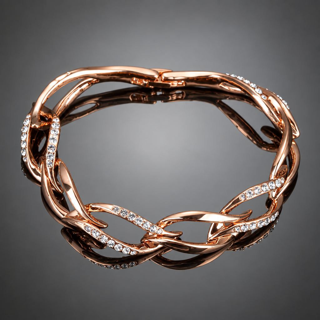 Rose gold-tone intertwined link bracelet with clear stone accents reflected in a mirror