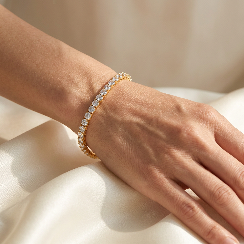 Gold-tone zircon tennis bracelet worn on a wrist