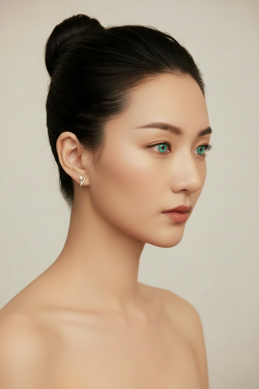 Woman with high ballerina bun and turquoise eyes wearing gold geometric diamond stud earrings, 3/4 right profile bare shoulders
