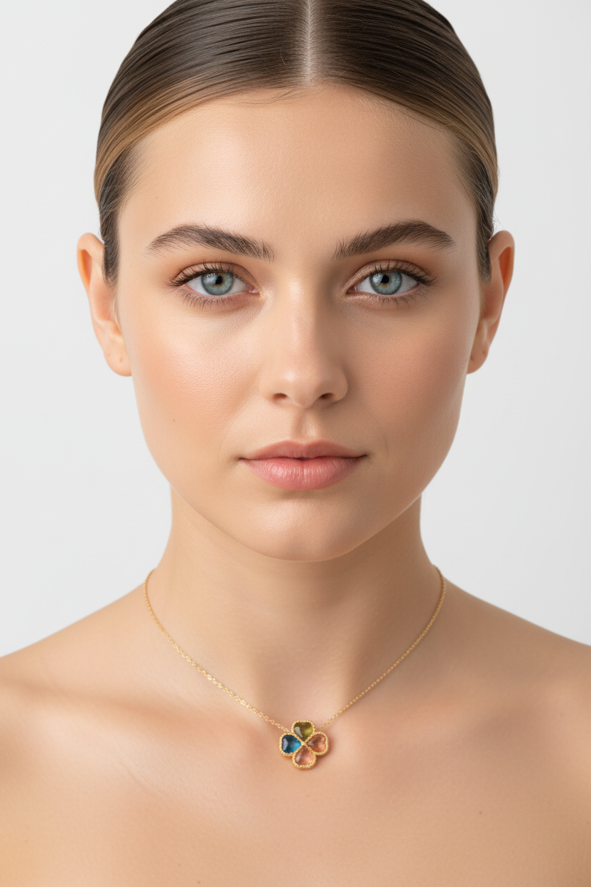 Model wearing Tourmaline Four-Leaf Clover Necklace – frontal portrait, neutral background