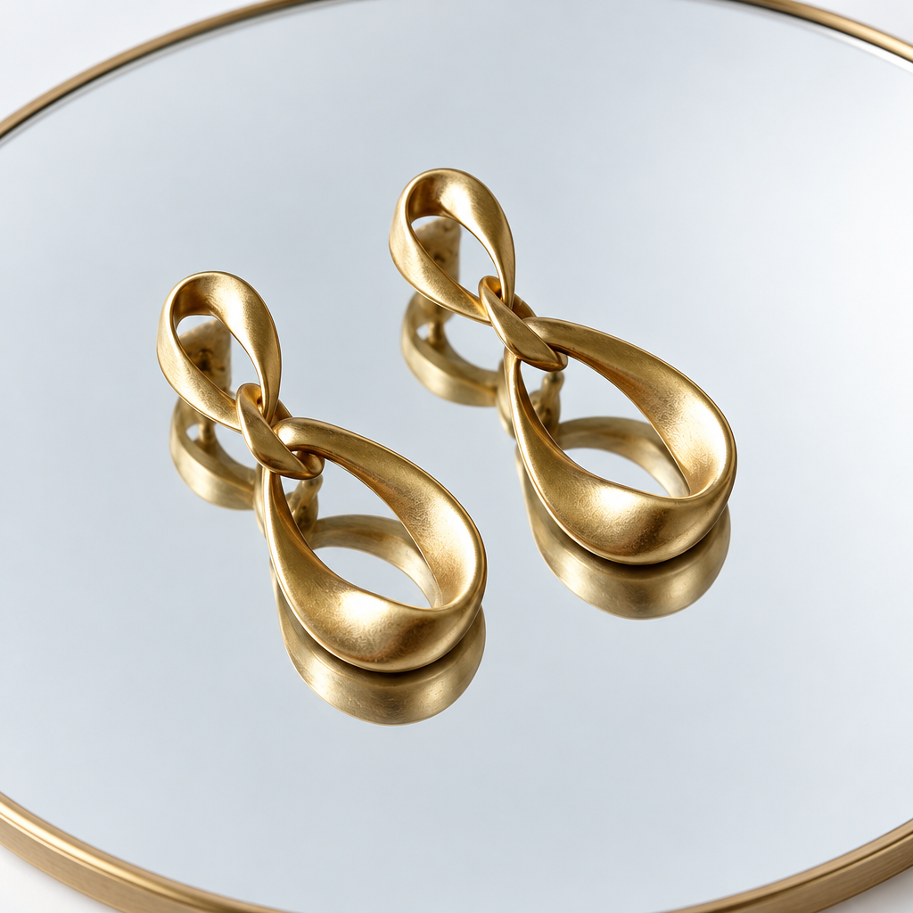 Pair of matte gold-tone geometric teardrop earrings reflected in a mirror