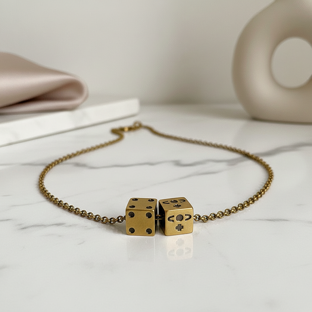 Gold dice pendant necklace on white marble