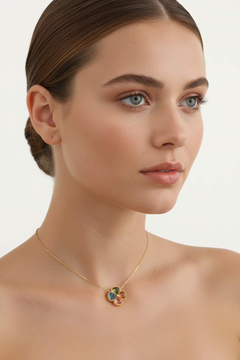 Model wearing Tourmaline Four-Leaf Clover Necklace – 45 degree angle, neutral background