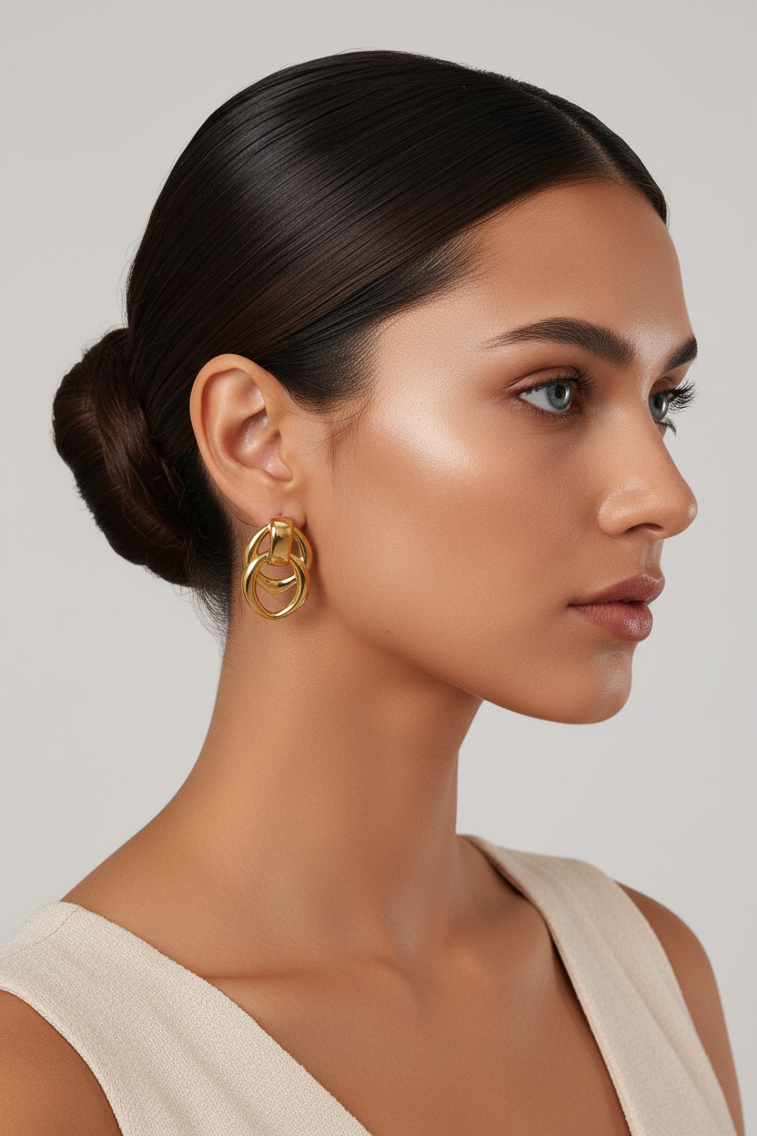 Woman right profile, ballerina bun, blue eyes, gold interlinked hoop earrings