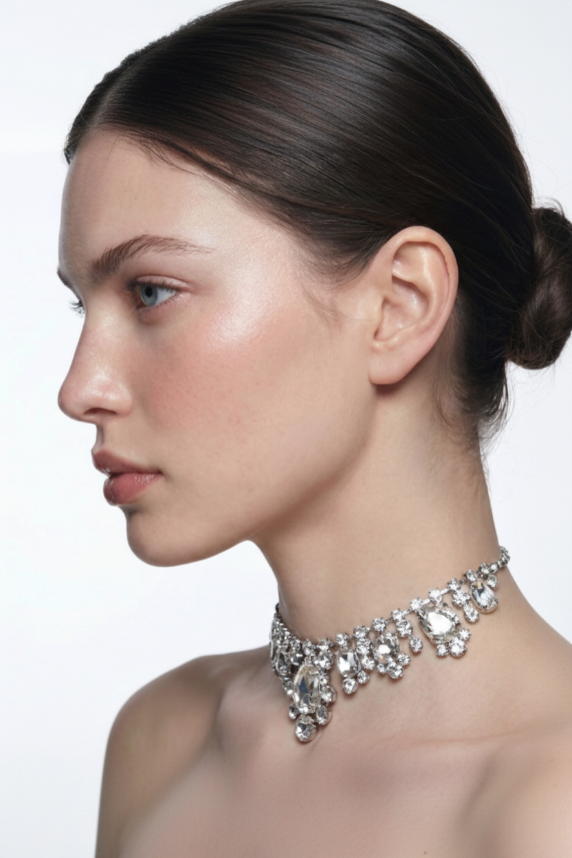 Model with ballerina bun wearing wide crystal rhinestone choker necklace side profile