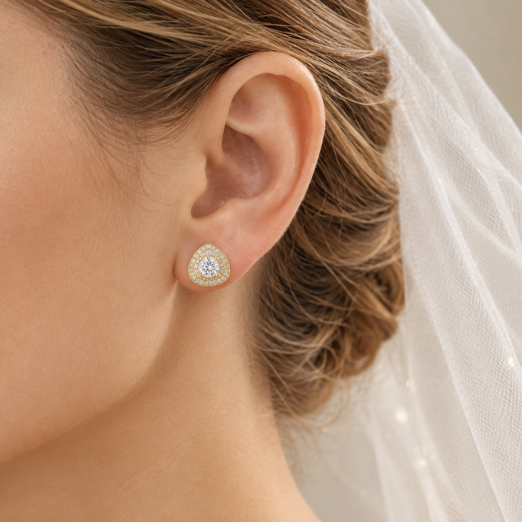 Double Halo Stud Earrings – 925 Sterling Silver Triangular Silhouette