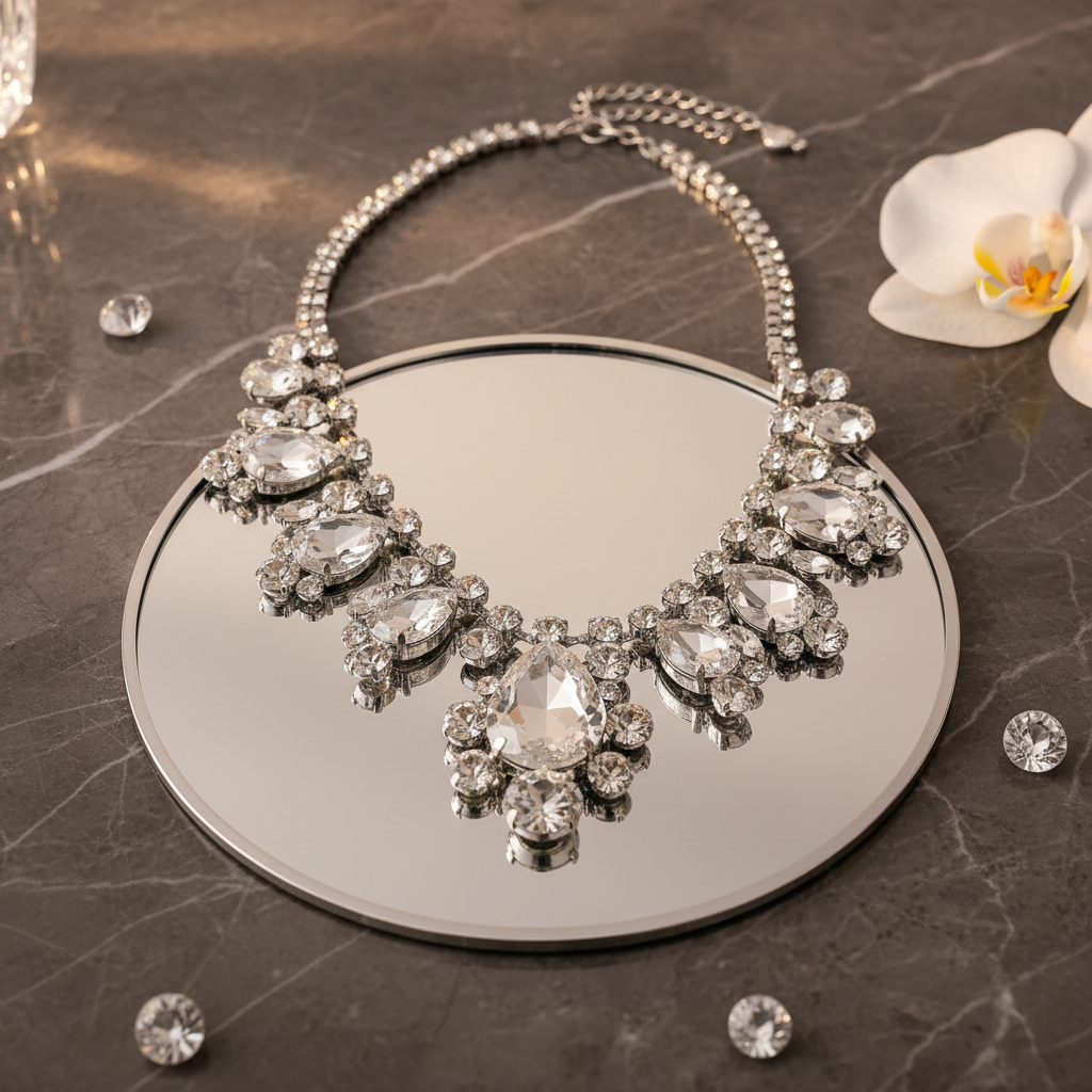 Crystal rhinestone statement choker reflected in mirror