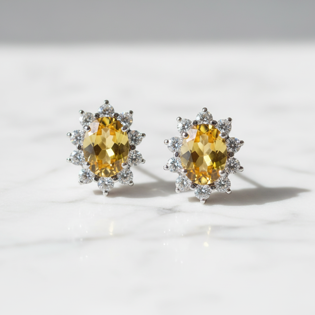 Citrine halo stud earrings on white marble surface