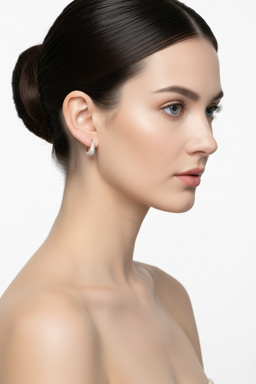 Eurasian model with blue eyes and ballerina bun wearing gold openwork pavé zircon huggie earrings