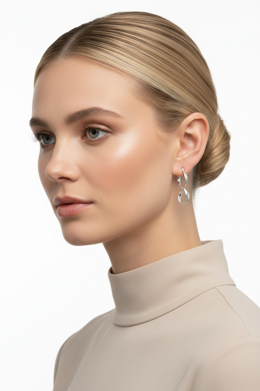 Blonde model with bun wearing silver infinity hoop earrings - 45 degree angle