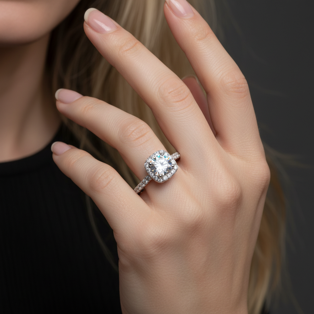 Macro do Eight Hearts & Arrows Zircon Halo Ring refratando luz