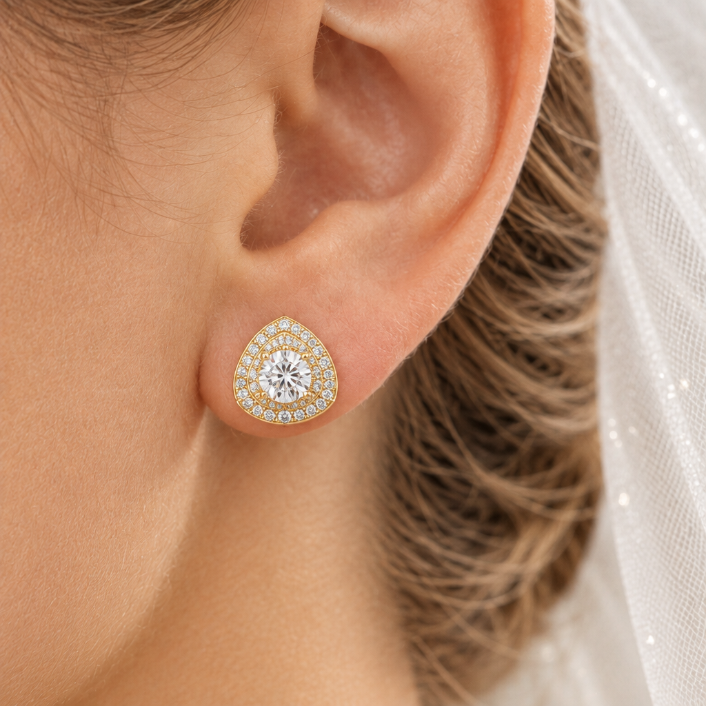 Double Halo Stud Earrings – triangular silhouette
