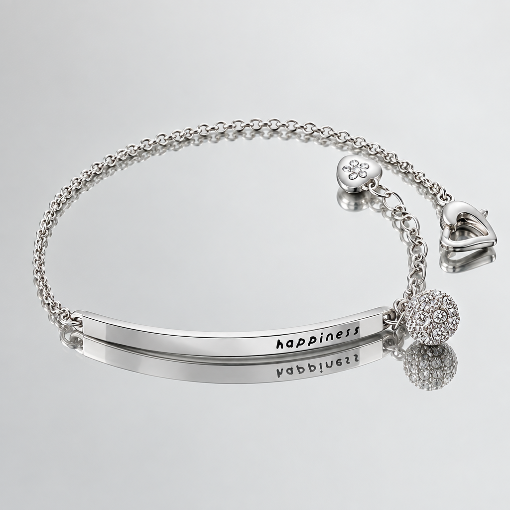 Silver-tone charm bracelet with cubic zirconia detail reflected in a mirror