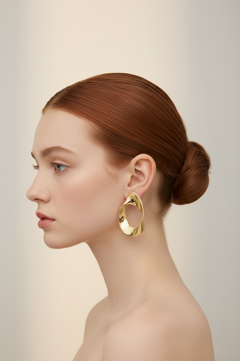Irregular Circle Gold Hoop Earring – Redhead Model Side Profile