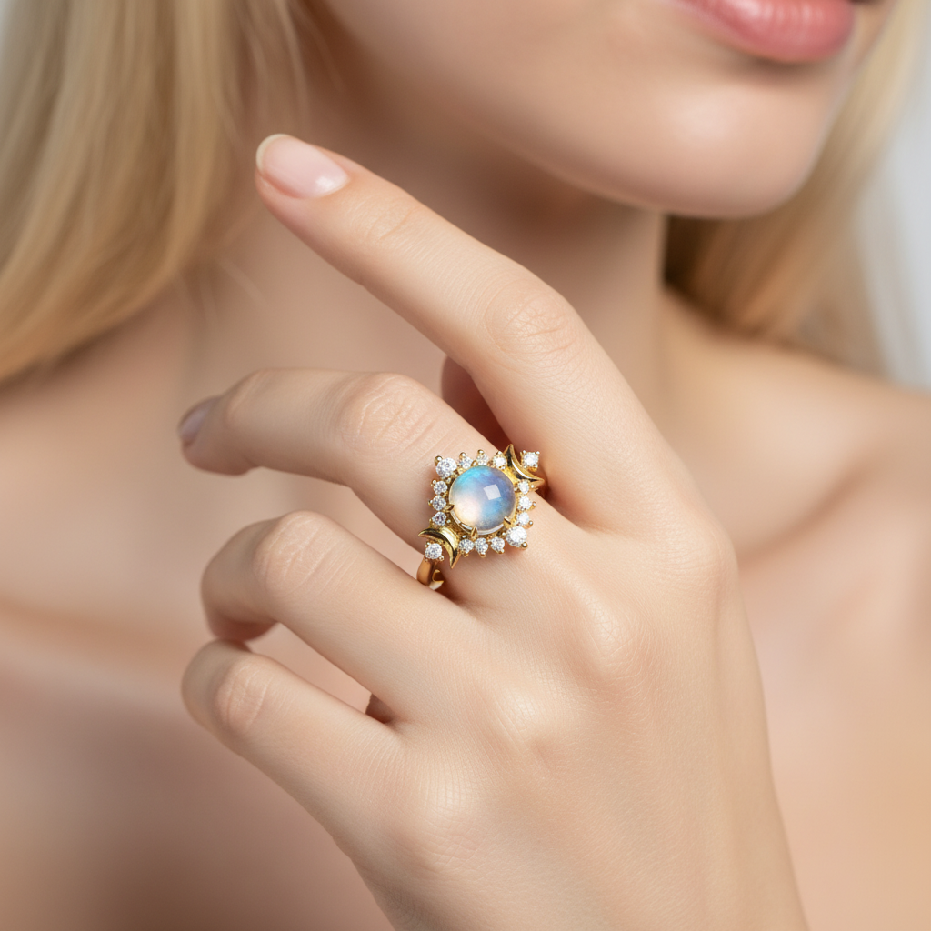 Close extremo do Moonstone Solitaire Ring brilhando