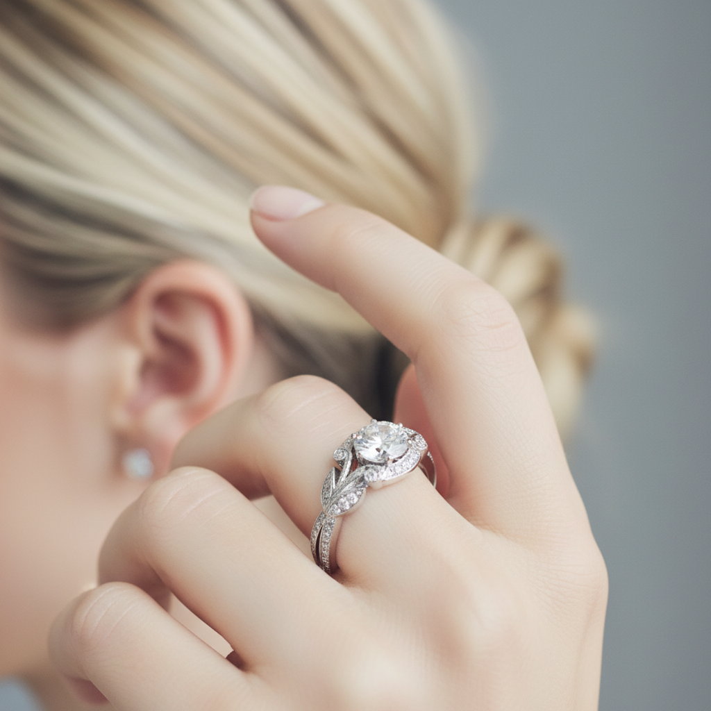 Macro do Tree Leaf Diamond Engagement Ring na mão da modelo loira