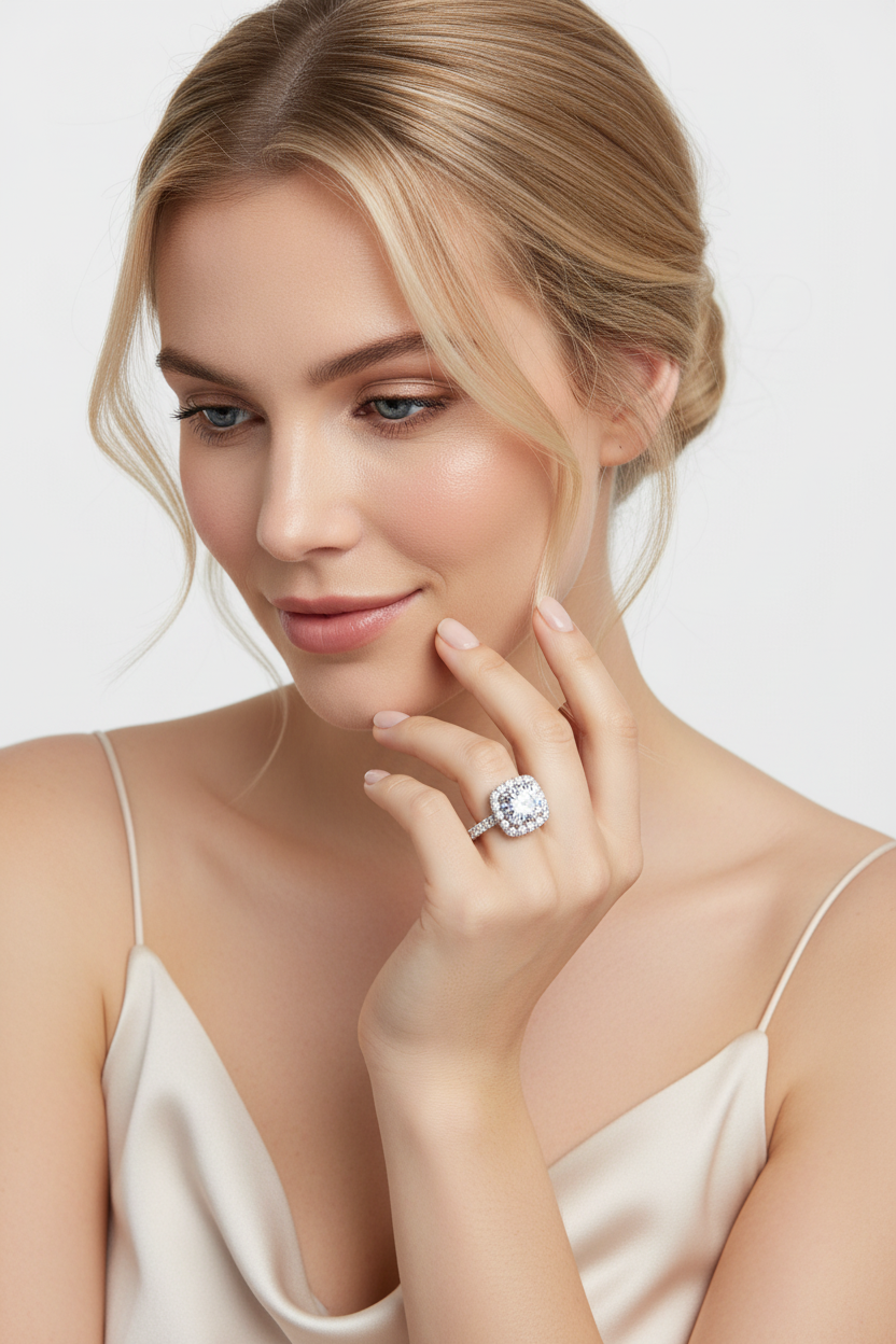Modelo loira de olhos azuis com coque olhando para o anel