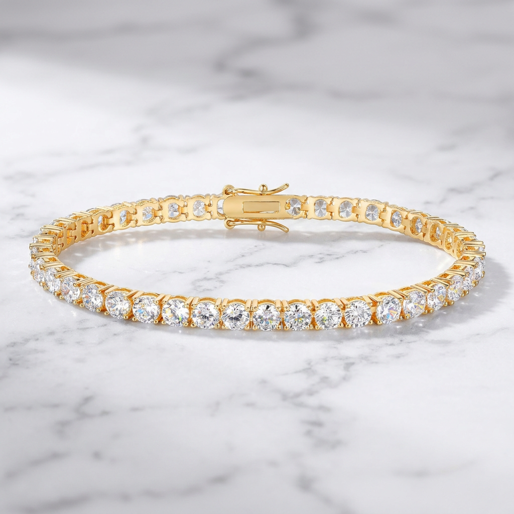 Gold-tone zircon tennis bracelet on white marble