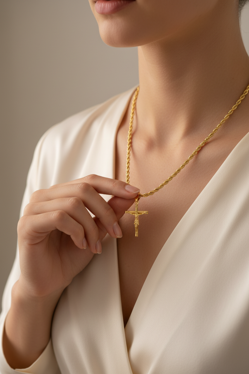 Woman in light clothing holding gold crucifix rope chain necklace