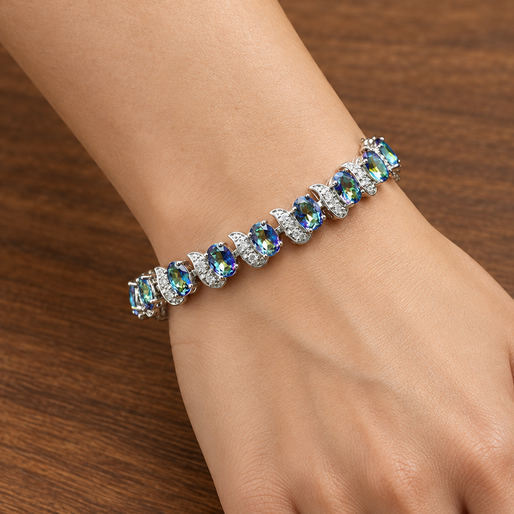 Side view of colourful accent bracelet on a woman's wrist resting on wood