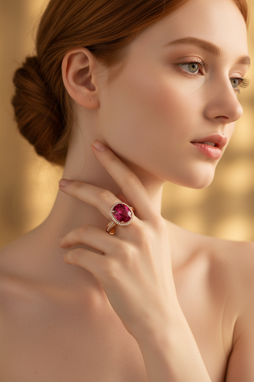 Modelo ruiva mão no decote usando o Ruby Crystal Diamond Ring