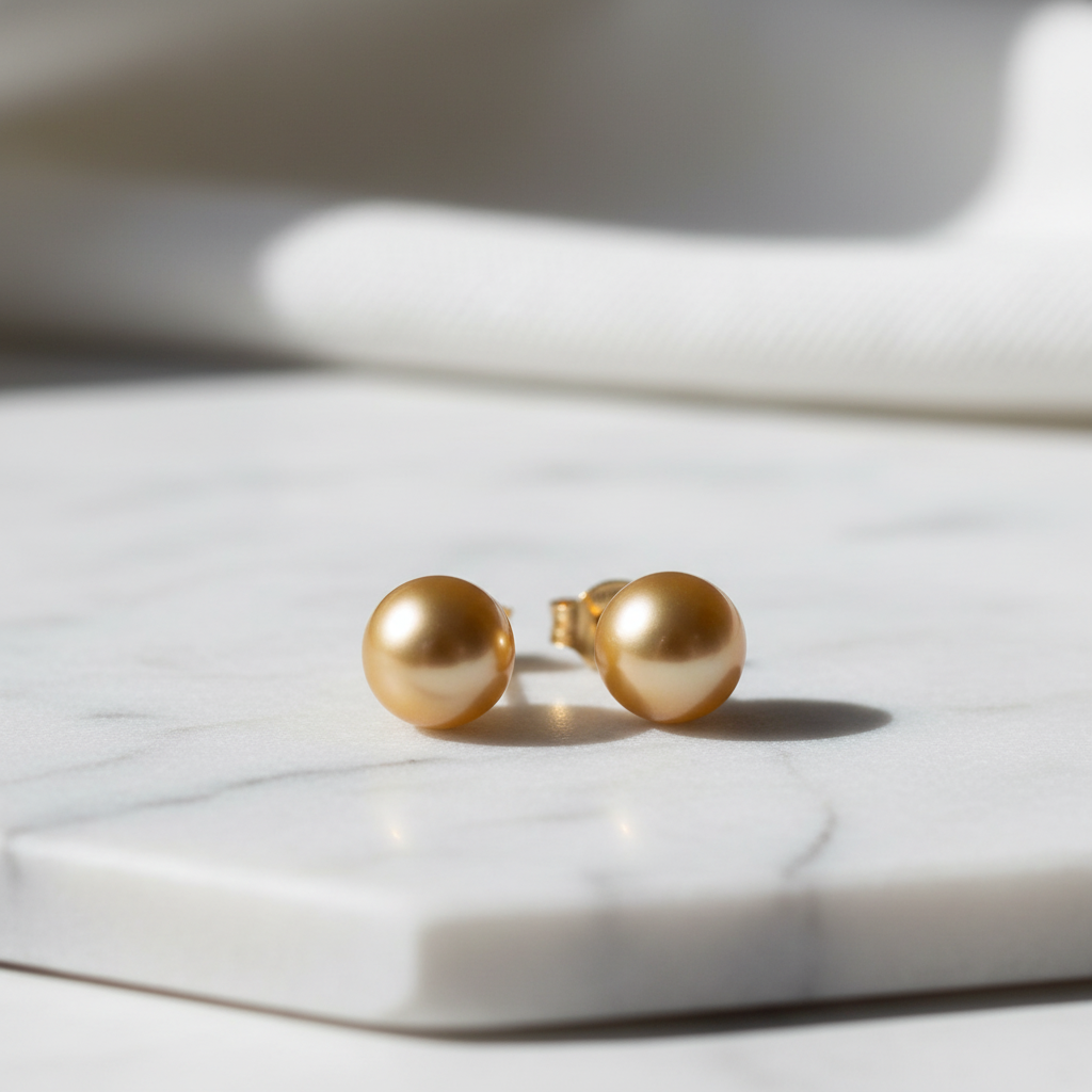 18K gold pearl stud earrings 7-8mm on white marble