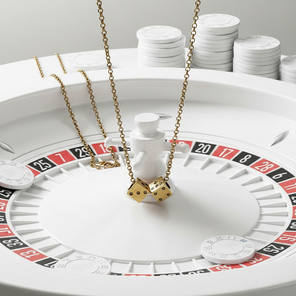 Gold dice pendant necklace on all-white casino roulette wheel