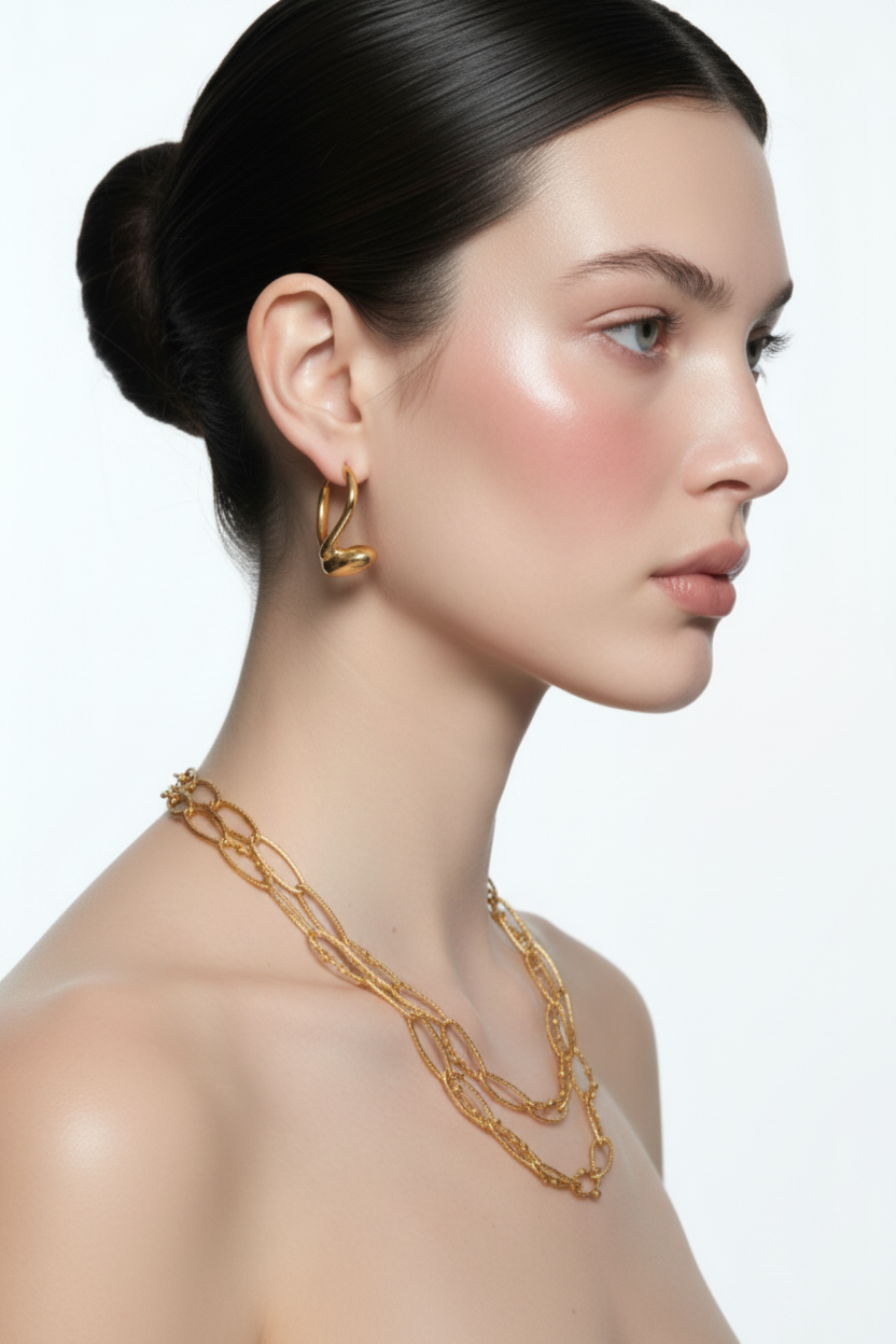 Woman right profile, ballerina bun, gold twisted hoop earring and double layered gold chain necklace