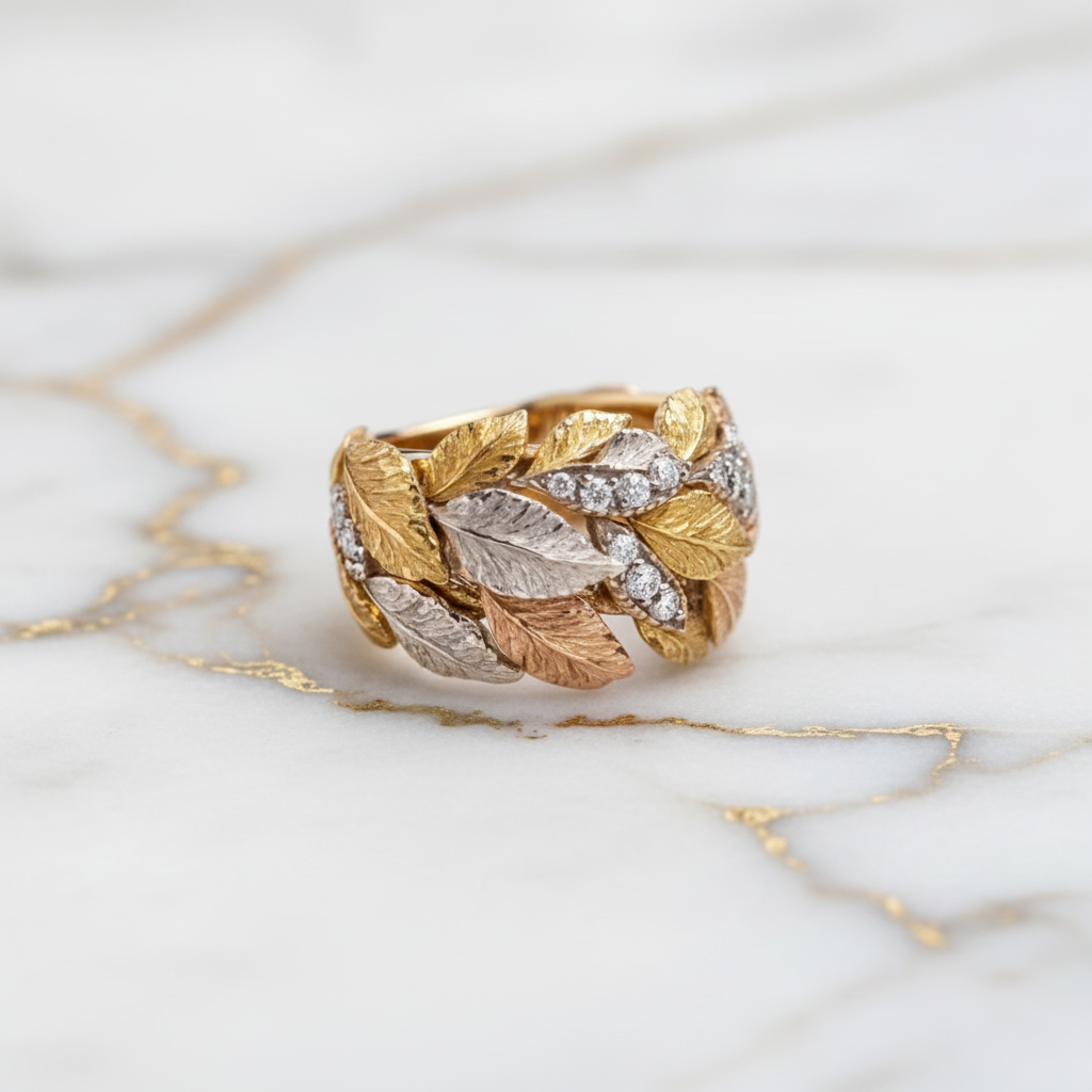 Tri-Color Gold Leaf Ring on white marble with gold veins
