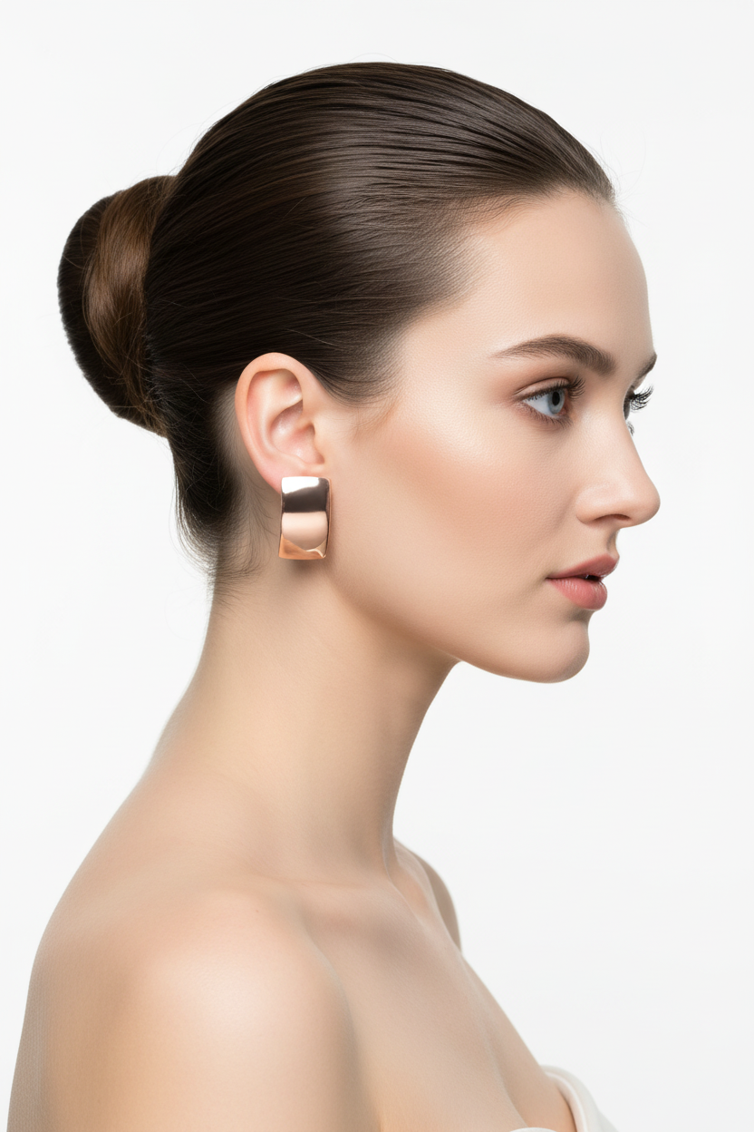 Eurasian model in profile with ballerina bun wearing rose gold rectangular geometric ear clips
