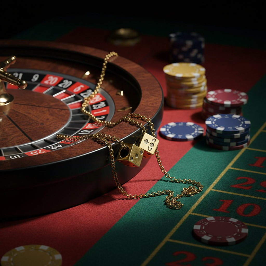 Gold dice pendant necklace on casino roulette wheel