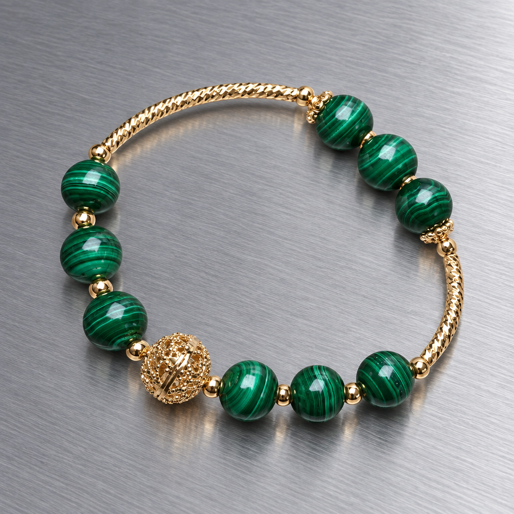 Malachite bead bracelet with gold-plated details on a stainless steel table