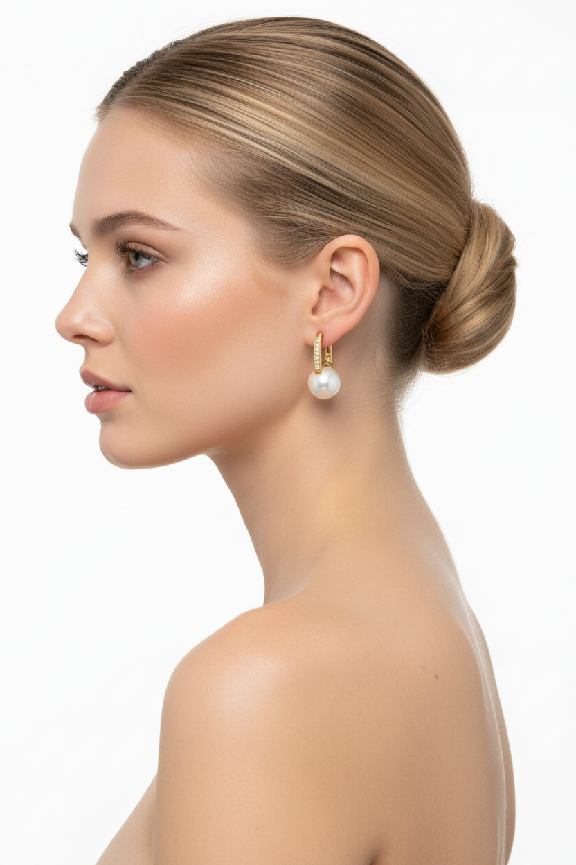 Blonde model in profile wearing gold pearl ear clip earrings with diamond setting, hair up, bare shoulders
