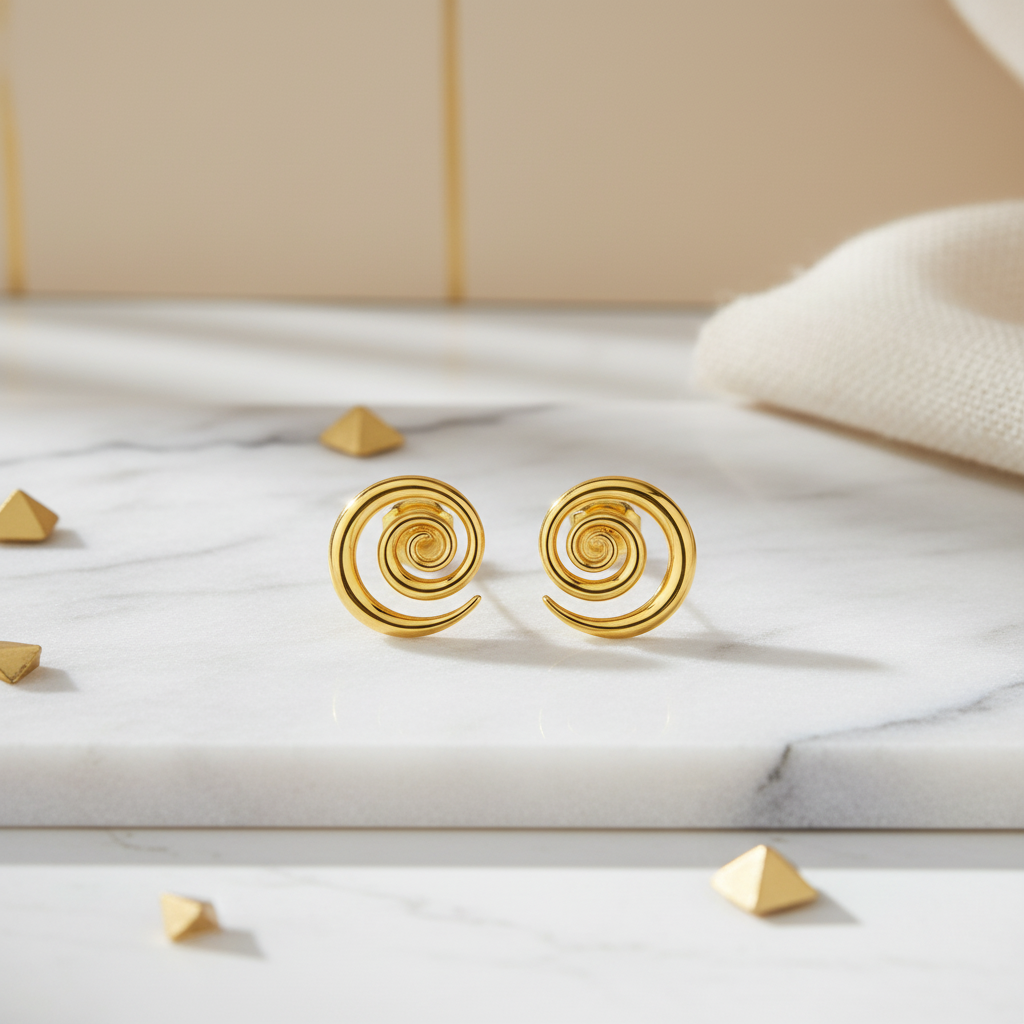 Gold geometric spiral swirl earrings on white marble