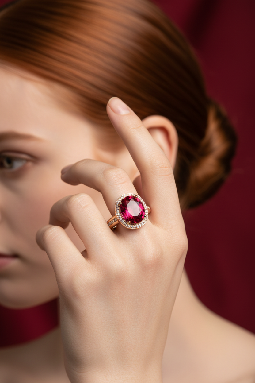 Modelo ruiva ângulo lateral usando o Ruby Crystal Diamond Ring