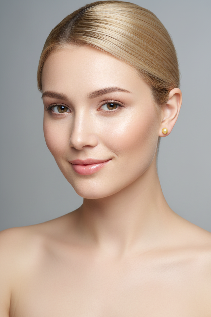 Blonde woman front view wearing 18K gold pearl stud earrings with bare shoulders