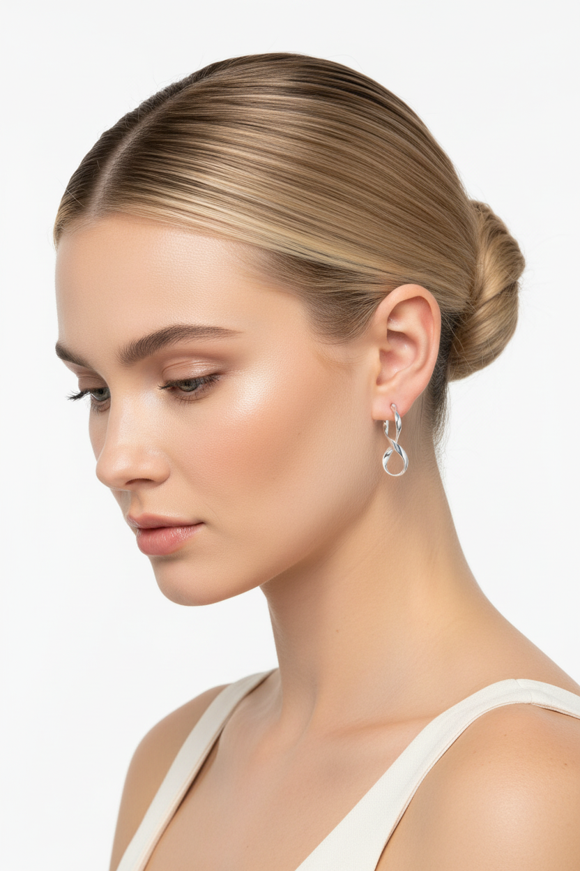 Blonde model with bun wearing silver infinity hoop earrings - three quarter view