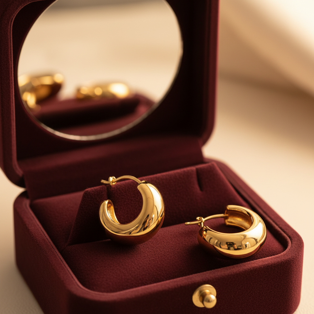18K gold U-shape hoop earrings in luxury jewelry box with mirror