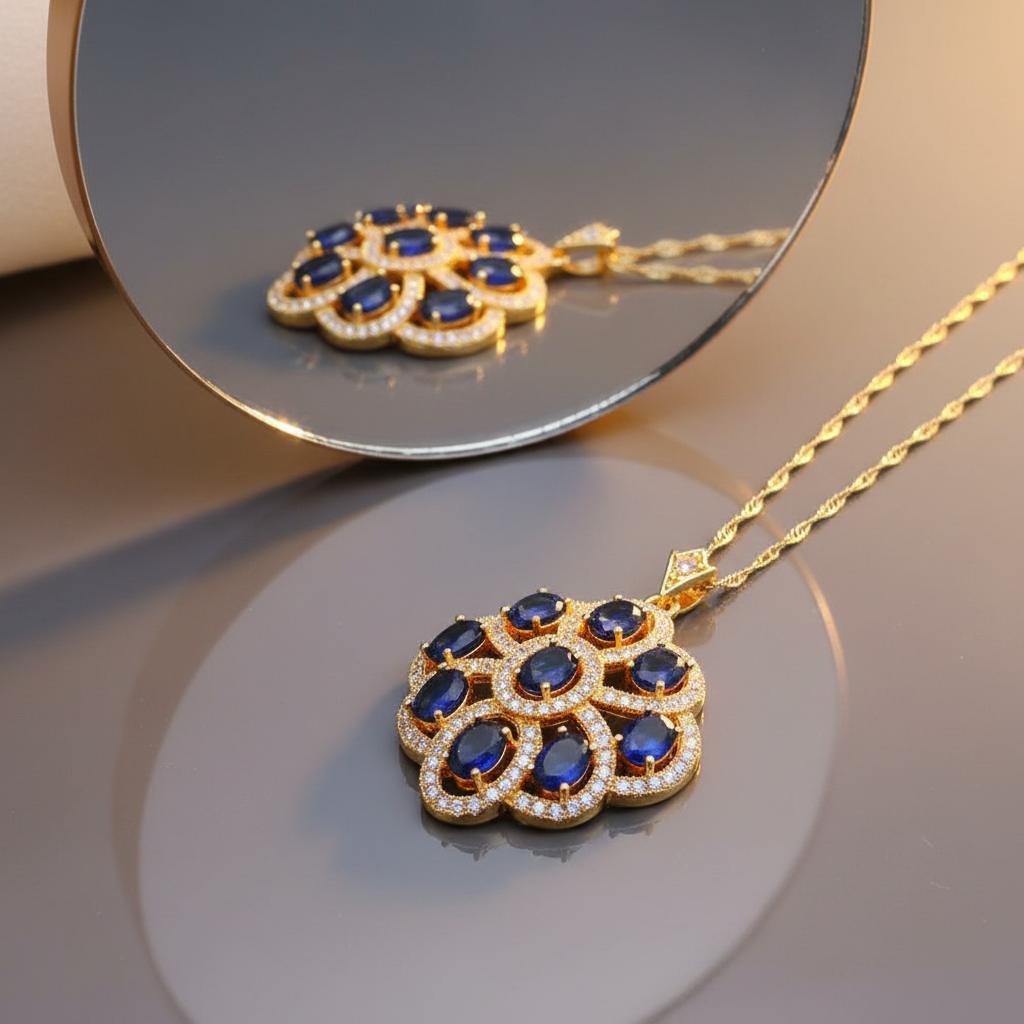 18K gold-plated necklace with zirconia reflected in mirror