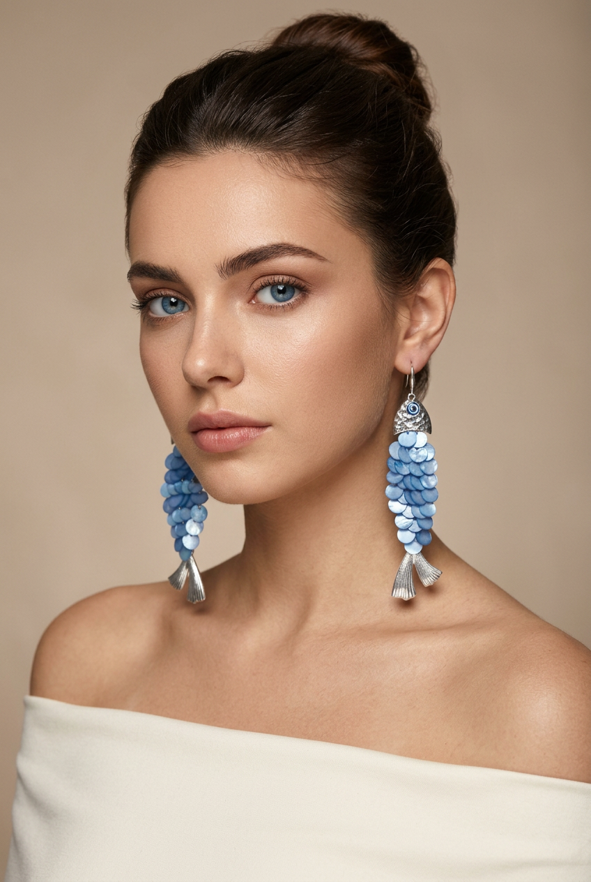 Modelo morena de olhos azuis e cabelos presos usando os brincos de peixe azul