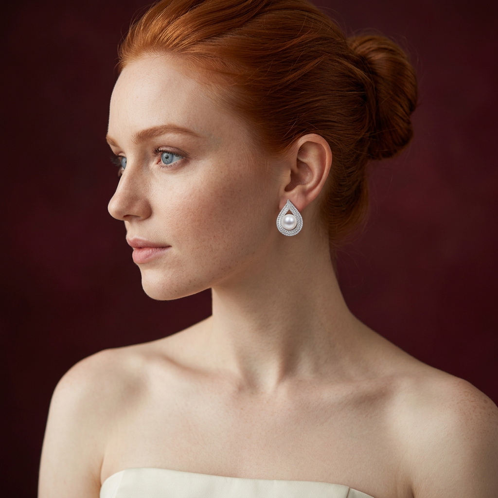 Modelo ruiva de perfil com os brincos Celeste