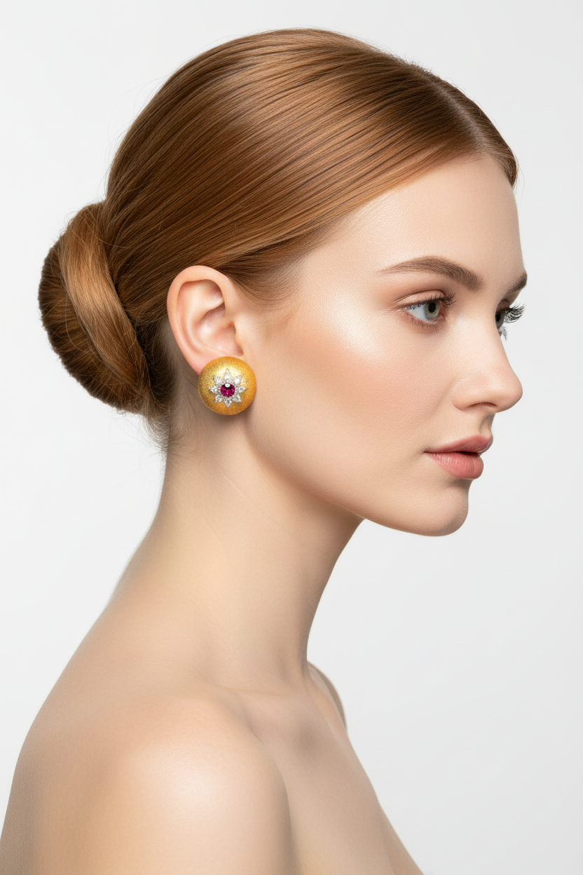 Perfil direito – modelo ruiva clara – brincos dome vintage ouro rubi