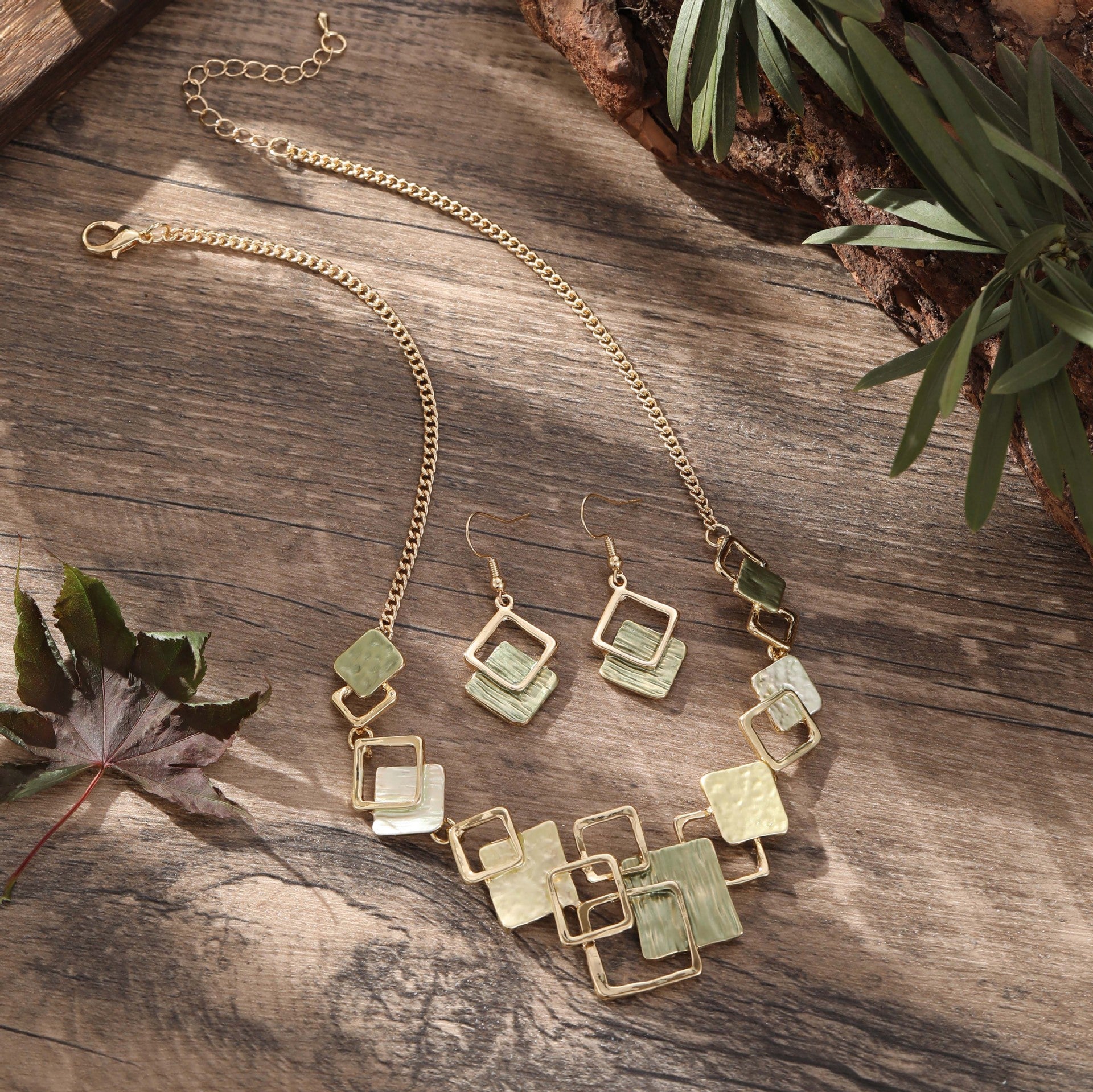 Geometric Square Color Oil Jewelry Set – Earrings, Bracelet & Necklace, Original Design