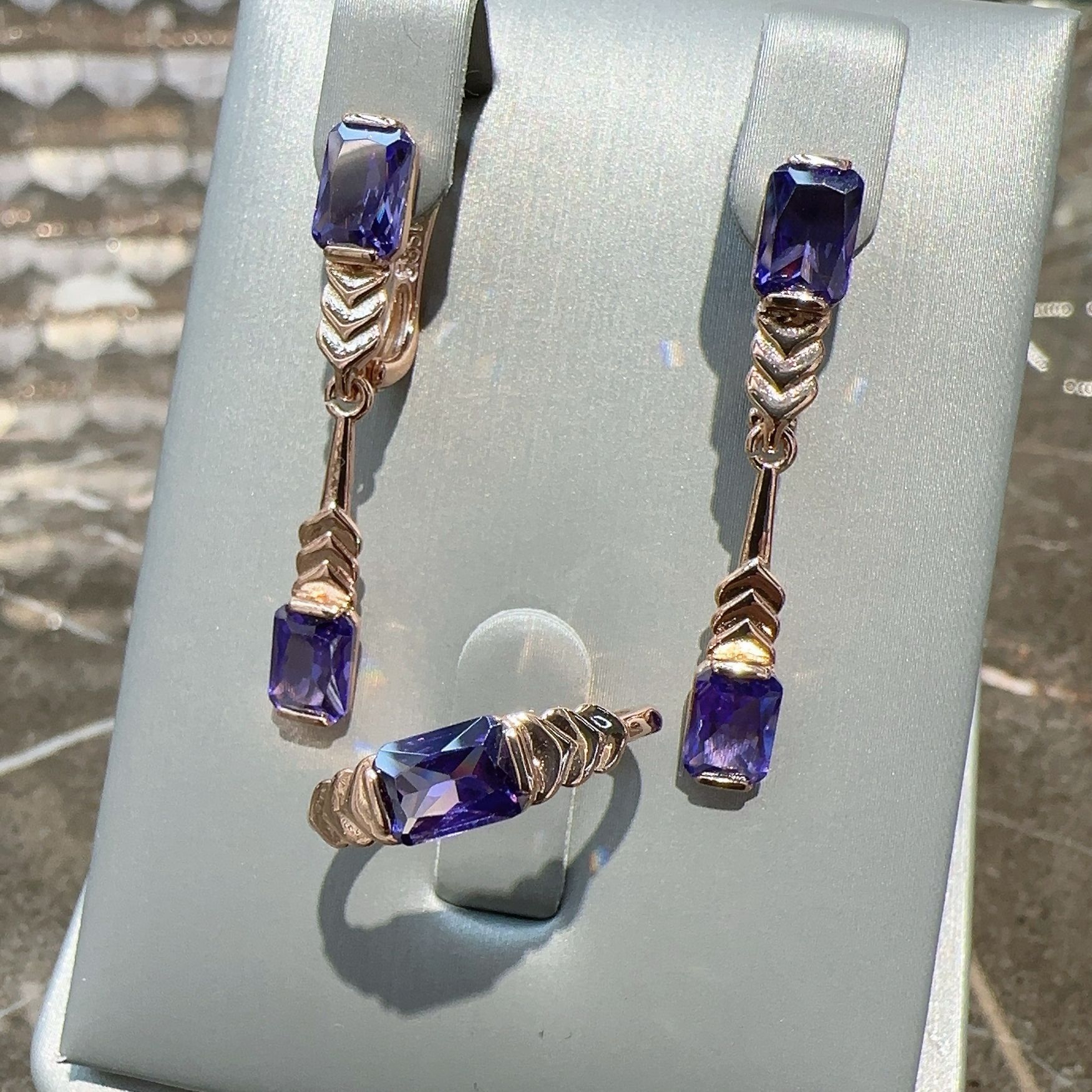 Sun & Moon Amethyst Jewelry Set — Rose Gold Earrings & Ring