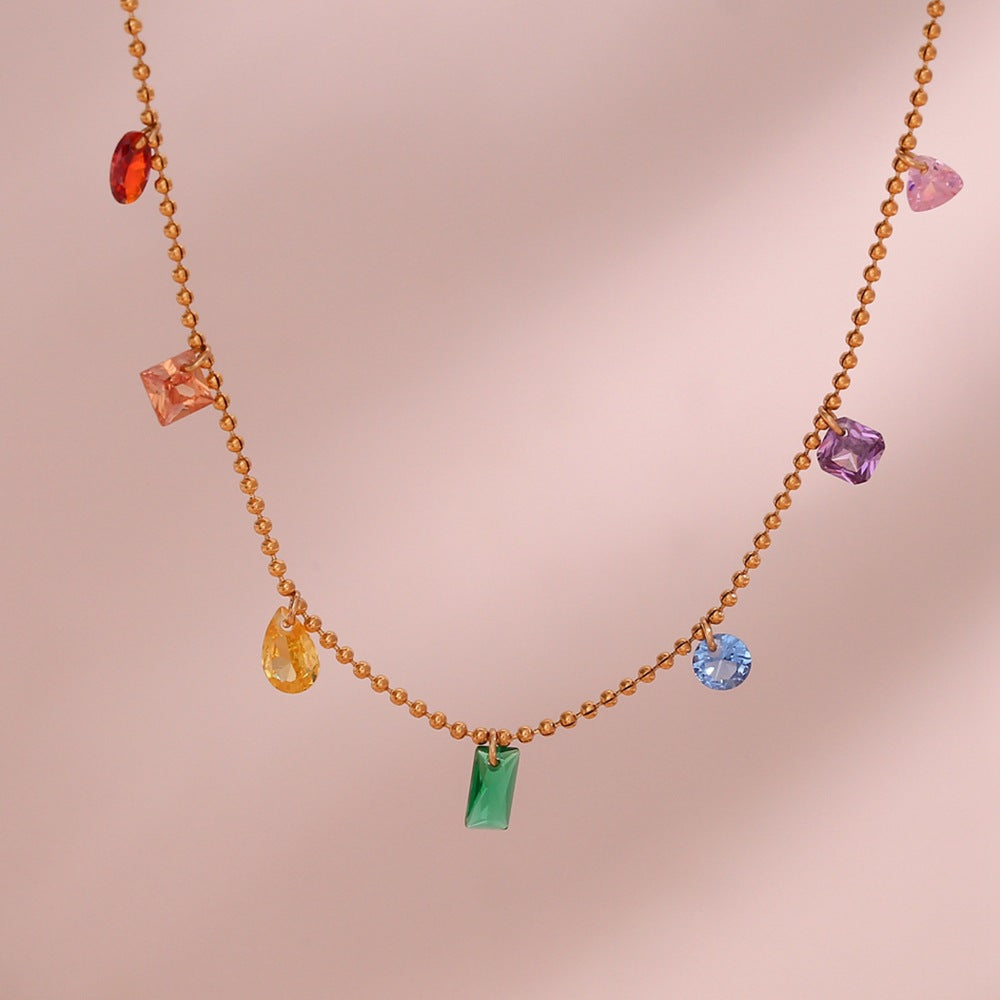 Color Zircon Charm Jewelry – 18K Gold Stainless Steel, Necklace, Bracelet & Anklet, Women's