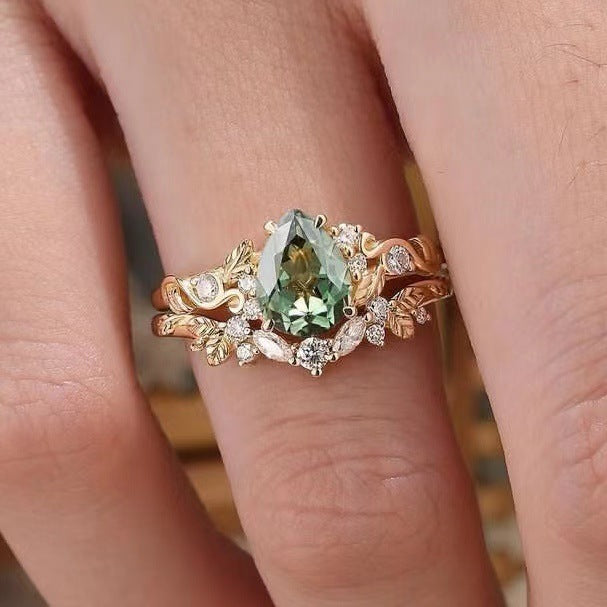Gold Leaves & Flowers Couple Ring – Green Stone