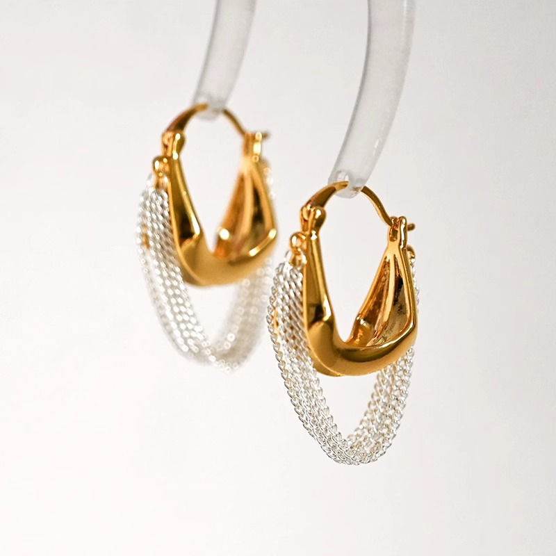 Gold & Silver Chain Tassel Hoop Earrings – Electroplated Alloy Contrast-Color Luxury Jewelry for Women