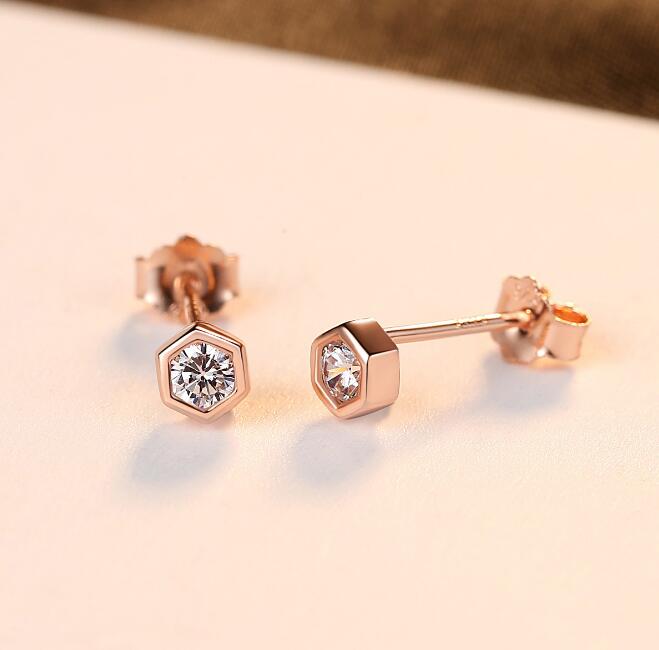 Rose Gold Zircon Stud Earrings – 925 Sterling Silver, Hexagon Bezel