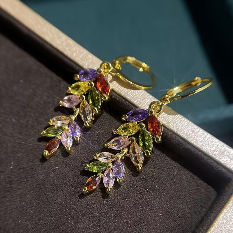 18K Gold Multicolor Zircon Leaf Drop Earrings – Electroplated Alloy Floral Luxury Jewelry for Women